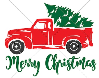 Merry Christmas little red Truck with Tree SVG dxf File for Cutting Machines like Silhouette Cameo and Cricut, Commercial Use Digital Design