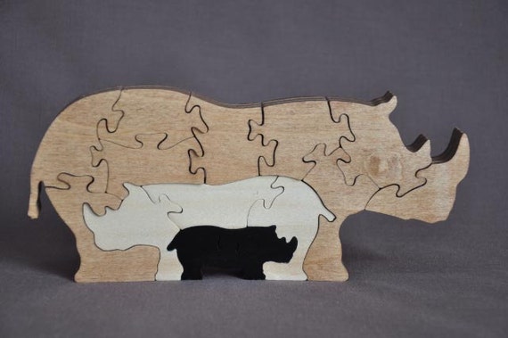 rhino rhinoceros 3d animal puzzle wooden toy hand cut with