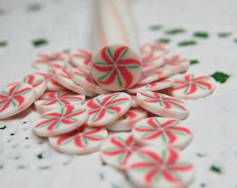 Holiday pinwheel polymer clay cane Christmas colors red green white swirl candy mint 1pcs for miniature foods decoden and nail art supplies