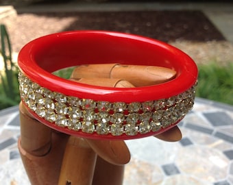 Vintage red Bakelite & rhinestone bangle bracelet