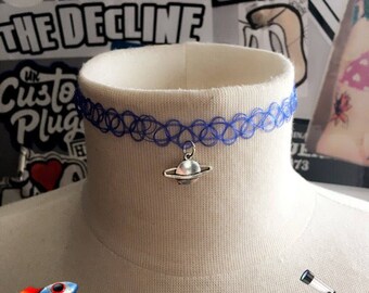 90's Tattoo Choker ~ Dark Blue Saturn Planet