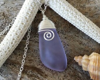 Handmade in Hawaii, Wire wrapped "Magical Color Changing" Purple sea glass necklace, February Birthstone, Birthday Gifts For Women