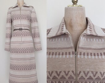 1970's Beige Aztec Vintage Belted Shift Dress Size Medium Large by Maeberry Vintage