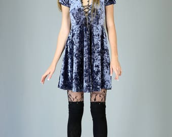 Corset Neck Crushed Velvet Babydoll dress, Slate Blue Gray