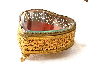 Stylebuilt Ormolu Heart Jewelry Casket Beveled Glass