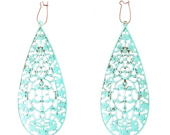Teal/Turquoise Green, Yellow, Black, Off-White, Long Bohemian Drop Earrings