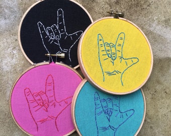 I love you - hand drawn and embroidered ASL / American Sign Language wall hanging