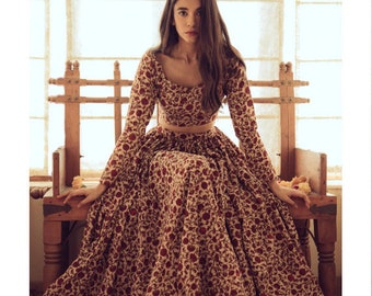 Hand Block Printed Floral Indian Lehenga Set in Cotton