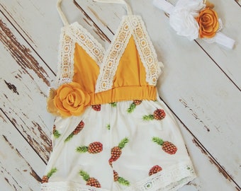 Baby Girl Pineapple Romper with Mustard Lace Floral Accents Headband Baby Girl Outfit Baby Girl Gift Baby Shower Gift