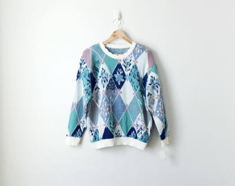 80s Floral Argyle Sweater - 80s Sweater Vintage Sweater 80s Clothing - Abstract Geometric Herbal Vines Plants 80s Pastels 80s - Women's L