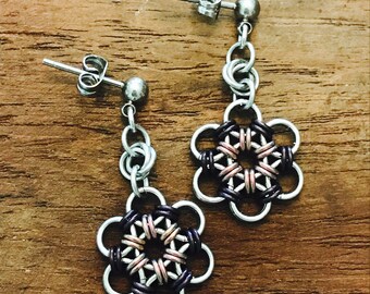 Chainmaille Japanese Flower Plum Earrings Stainless Steel
