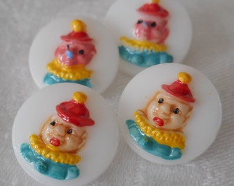 Set of 4 VINTAGE Painted Clown Face White Glass BUTTONS