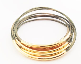 Natural Green Leather Bangle Bracelet with Gold or Silver Tube Accents, Wrap Bracelet, Gift Idea, Stacking Bangle Bracelet, Charm Bracelets