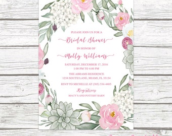Succulent Bridal Shower Invitation, Rustic Bridal Shower Invitation, Pink and Green Bridal Shower, Floral Wreath Bridal Shower Invite