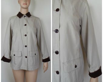 Vintage Womens 1990s LL Bean Tan Jacket / Coat with Brown Corduroy Trim and Plaid Flannel Lining | Size M