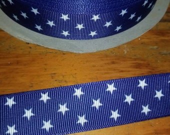 White stars/blue ribbon, Patriotic, Americana, 4th of July grosgrain ribbon 7/8 wide