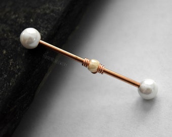 Acrylic Pearls & Rose Gold Plated 14G (1.6mm) Industrial Barbell Scaffold Piercing Jewelry (Choose your barbell length: 32mm, 35mm, or 38mm)