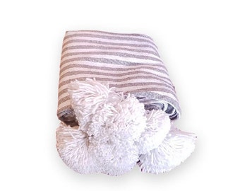 white with Gray stripes Moroccan Cotton Pom Poms Blanket, Pom Pom cotton blanket, cover bed, cotton blankets, home décor.PC05