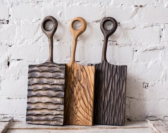 Textured Handmade Wooden Serving Board (Vintage Wood Board, Chopping Board, Cutting Board, Bread Board) With Long Handle, 10-Inch