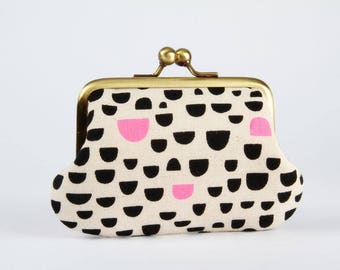 Metal frame purse with two sections - Pebbles in black and pink - Siamese daddy /Japanese fabric / Two pockets / Elle Baker / neon pink