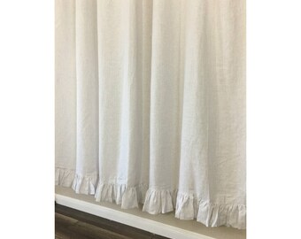 Stone Grey And White Ticking Striped Linen Shower Curtain With Self Ruffles 72x72 72x85