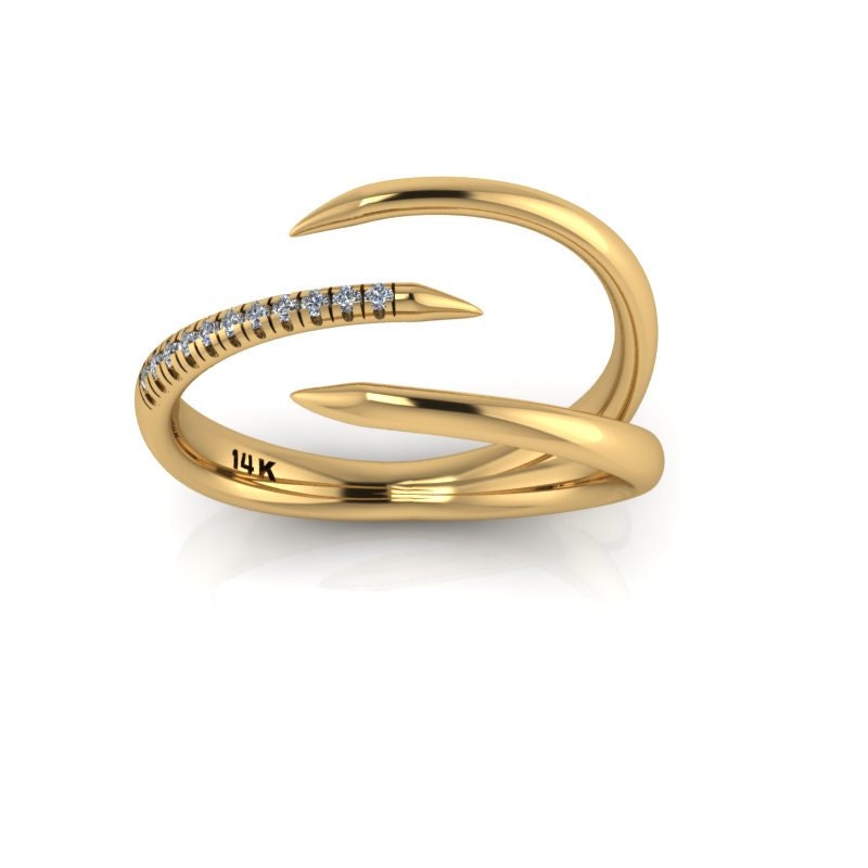 NEW 14K Yellow Gold Claw Ring with White Diamonds