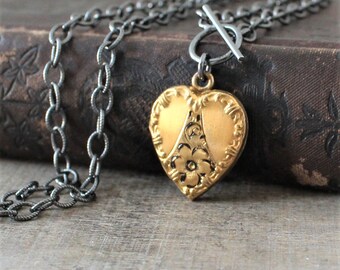 Gold Heart Locket, Oxidized Sterling Silver Chain, Vintage Locket Necklace, Gold Heart Locket Pendant, Heavy Chain, Push Present Mixed Metal