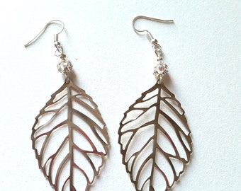 Silver leaves and rhinestone earrings