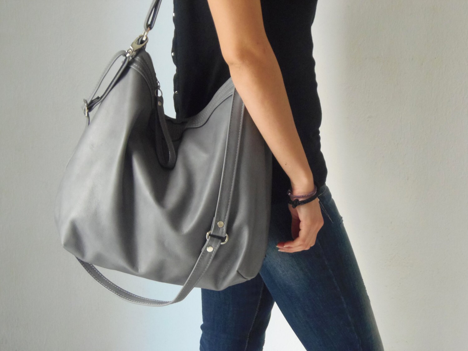 Grey leather bag Leather hobo bag Soft leather bag
