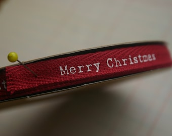 Merry Christmas Twill Trim - Red Cotton Twill Tape with White Print - 3/8" Wide