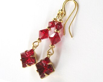 Red Rhinestone Art Glass Earrings, Vintage Stones, Siam Red Swarovski, Ruby Red Earrings, Ear Wire Options