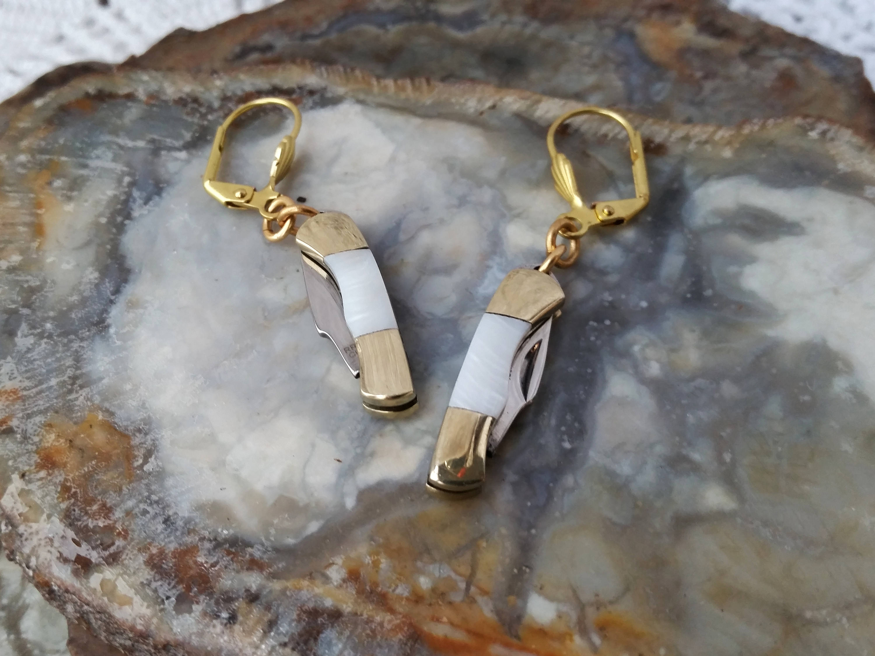 Unique Miniature Tiny Pocket Knife Earrings Abalone with