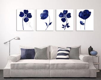 Set of 4 prints Abstract Flowers Navy Blue Flower