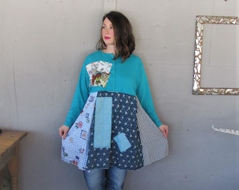 upcycled clothing Patchwork turquoise Boho tunic dress 1 X wearable art dress Fun clothes Gypsy Bohemian recycled Eco LillieNoraDryGoods