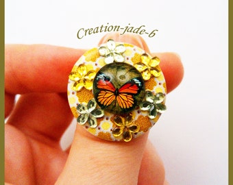 Wood with Cabochon glass Butterfly - adjustable button ring