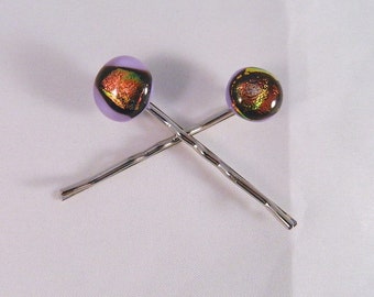 Fused Glass Hair Bobbies, Rich Dichroic Sunrise on Lavender, Set of 2