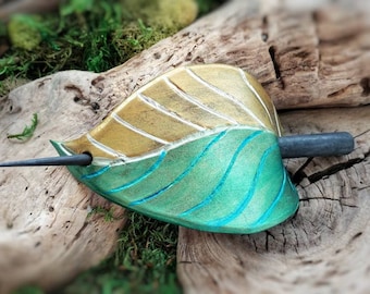 Golden Leaf Hand Painted Leather Hair Slide // tooled leather Gothic witchy festival fairy fashion hair accessory