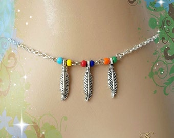 Silver Feathers Anklet, Boho Feather Ankle Chain, Hippie Beaded Anklet, Rainbow Ankle Bracelet, Tribal Anklet,Bohemian,Native American Style