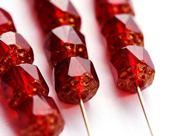 Red Cathedral beads with golden ends czech glass round fire polished beads - 8mm - 15Pc - 1733
