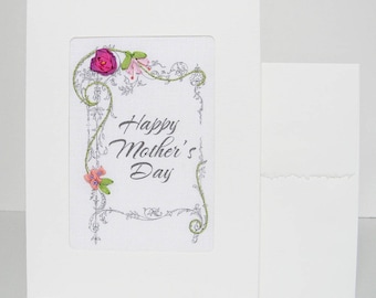 Mother's Day card, embroidered purple rose greeting card, silk ribbon card, handmade card, ribbon embroidery card