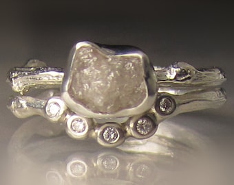 Raw Diamond Engagement Ring, Rough Diamond Wedding Set, Raw Diamond Twig Ring