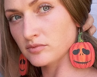 Halloween earrings. Pumpkin earrings. Halloween party. Wooden earrings. Medical steel. Gift for her. Painting jewelry