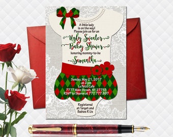 Ugly Christmas sweater baby shower invitation little lady digital invite girl birthday party printable dress for girl lace bow green red