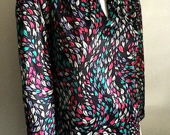 Vintage Women's 70's Blouse, Black, Colorful, Leaf Print, Long Sleeve (M)