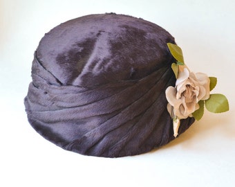 Velour Hat with Millinery Flowers, Vintage Hat