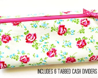 Cash envelope system budget wallet with 6 tabbed dividers | laminated cotton in pink roses, aqua, green on ivory