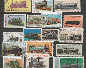 Thematic steam trains used postage stamps off paper, for collectors or craftsfolk for use in collage, decoupage and many other uses