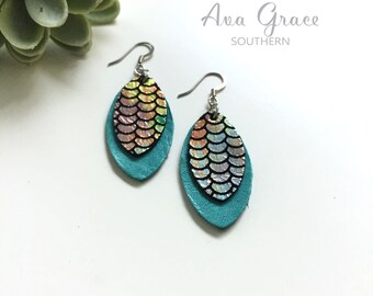 Leather Mermaid earrings / small dainty leather earrings / turquoise mermaid leather / kid child little girl earrings