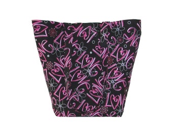 Love Tote Bag, Black Cloth Purse, Pink Flowers, Love Graffiti, Handmade Handbag, Fabric Bag, Shoulder Bag