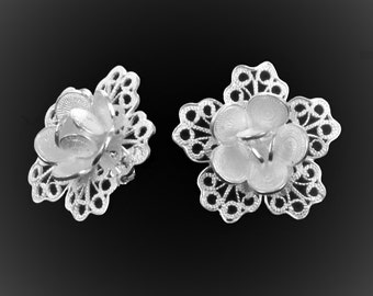 Stud Earrings with silver embroidery lace petals